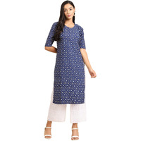 Pinkmint Women's Crepe Blue Color Ethnic Motif Printed Straight Kurti (RI-530353-L)