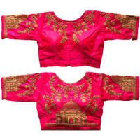 Pujia Mills Women's Multicolor Heavy Hand Embroidery Taj Mahal Design Work Khatli Work Phantom Silk Readymade Saree Half Sleeve Blouse (Mum taj Blouse_ Pink 38)