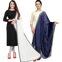 KEMZA Women's Solid Moti Work Chiffon Dupatta (White-Navy Blue) Combo Pack of 2 | Jaipuri Perl Work Dupatta
