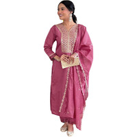 Naixa Women's Gajri Chanderi Viscose Embroidered Straight Kurta with Chanderi Viscose Pant and Chanderi Embroidered Laced Dupatta Sets (NX-S-Madhavi-Gajri-XL)