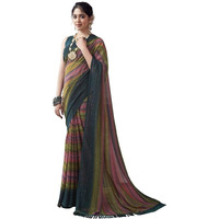 Satrani Women's Georgette Glitter Zari Stripe Printed Saree with Unstitched Blouse Piece (3498S722N_Rama & Mustard & Pink)