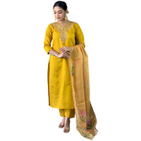 Naixa Women's Mustard Viscose Silk Embroidered Straight Kurta with Viscose Silk Pant and Organza Printed Dupatta Sets (NX-S-Gauri-Mustard-S)
