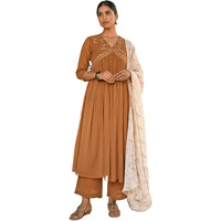 Janasya Women's Brown Georgette Floral Embroidery Kurta with Palazzo and Dupatta(J0492-KR-PP-S)
