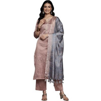 VARANGA Women's Jacquard Peach Gota Embellished Kurta With Bottom And Dupatta