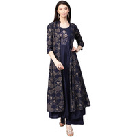ishin Women's Rayon Navy Blue Embroidered Anarkali Kurta Palazzo Set With Jacket