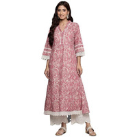 Varanga Womens Peach Paisley Printed A-Line Kurta with Lace Embellishment, V-Neck, 3/4 Sleeves, Casual & Festive Ethnic Wear for All Occasions (Double Extra Large)