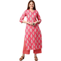 ANNI DESIGNER Women's Cotton Blend Printed Straight Kurta with Pant (Sarva-Red_S_Dark Blue_Small)