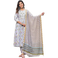 KLOSIA Women Floral Printed Anarkali Kurta and Pant Set with Dupatta | Kurta Set | Ethnic Set | Dupatta Set | Wedding Suit | Suit Set | (Small) White