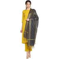 Janasya Women's Mustard Poly Crepe Gold Print Kurta with Pant and Dupatta