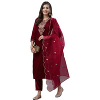 EVANTA Women's ArtSilk Embroidery Kurta with Pent Duppta Set (Fort) (Large, Red)