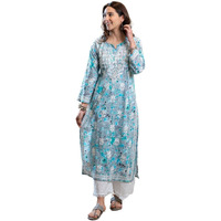 House of Chikankari Women's Cotton Straight Kurta (SE031_Grey & Blue