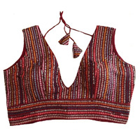 Vihu Fashion Women's Sleeveless Readymade sabyasachi Pattern V Neck Blouse Embroidery Work with Sequence Blouse Indian Ethnic wear Readymade Saree Red Color Blouse for Lehenga Choli stylis