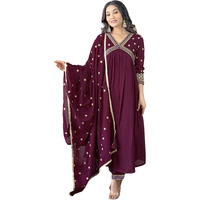 Naixa Women's Wine Vichitra Silk Embroidered A-line Kurta with Vichitra Silk Pant and Chinon Embroidered Dupatta Sets (NK-442-Wine-XXL)