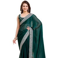 EKASYA Women Jimmi Silk Solid Pattern Embroidery Work Ready To Wear Saree With Unstitched Blouse (E2068) (Teal green)