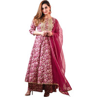 Janasya Women's Pink Cotton Foil Floral Printed Kurta with Palazzo and Dupatta(SET832-KR-PP-R-L)