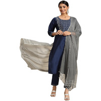 LookMark Womens Art Silk Kurta and Pant Set with Dupatta Navy Blue-Grey