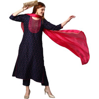 GoSriKi Women's Cotton Blend Printed Straight Kurta with Pant & Dupatta (Bhujia Blue-Nw_S-GS_Blue_Small)