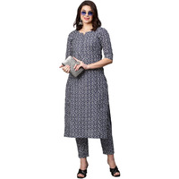 ANNI DESIGNER Women's Cotton Blend Printed Straight Kurta with Pant (Sarva-White_XXL_Dark Blue_XX-Large)