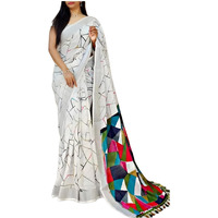 C J Enterprise Womens Pure Soft Cotton Saree Linen For Kalamkari Silk Sarees Latest Party Design Wear Wedding Sadi With Blouse Piece sari south mulmul ikkat mul print 2024 New (Kia White)
