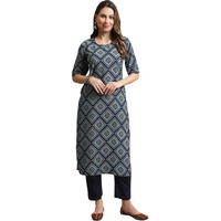 Pinkmint Kurta Set for Women Cotton Printed Knee Length Straight Round Neck Kurti with Pant (Pack of 1)