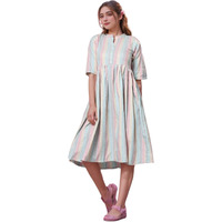Vinchic Womens Pure Cotton Striped Anarkali Kurtis|Collar Kurti