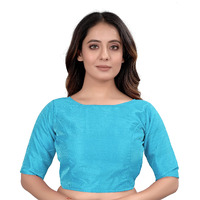 Sumaira Tex Women's Slub Silk Boat Neck with Elbow Length Sleeve Plain Fancy Blouse(Slub Sky Blue_M)