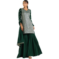 Janasya Women's Bottle Green Georgette Sequined Straight Kurta with Sharara & Dupatta Set (JAB24ST01245-L)