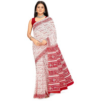 Tamaira Fashion Women's Plain Cotton Saree (2536_White&Red