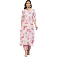 Bollyclues Women's Cotton Blend Printed Straight Kurta with Pant(BC-BI) Pink