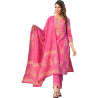 GoSriKi Women's Rayon Blend Printed Straight Kurta with Pant & Dupatta (Open-Pink-GS_S_Pink_Small)