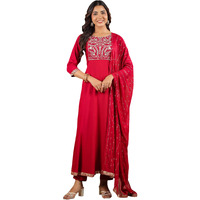 Janasya Women's Pink Rayon Embroidered Anarkali Kurta Set (JAB24ST00971-M)