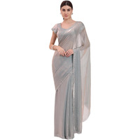 FIORRA Women's Grey Organza Crushed Siroski Work Embellished Border Saree With Unstitched Blouse