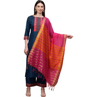ANNI DESIGNER Women's Cotton Printed Straight Kurta with Palazzo & Dupatta (ANUPMA Blue_L_Blue_Large)