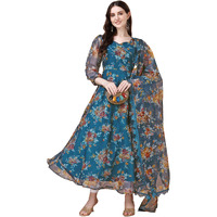 Women Floral Print Anarkali Kurta with Pant and Dupatta (KRT547) (Medium, Blue)