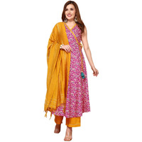 Sanisa Women's Cotton Blend Printed Anarkali Kurta with Pant and Self Woven Dupatta (67KBD765NZ-XL_Pink & Multi)