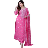 Suppar Sleave Women's Rayon Embroidered Straight Kurta and Pant with Dupatta Set for Women (Medium, Pink)