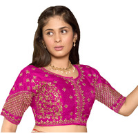 Pujia Mills Women's Readymade Blouse Multi Golden codding Sequence Embroidery Work Indian Ethnic Designer Stitched Readymade Saree Half Sleeve Pink Blouse for Women for Saree Lehenga Choli