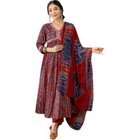Naixa Women's Maroon Cotton Embroidered and Printed A-line Kurta with Cotton Pant and Nazneen Printed Dupatta Sets (NK-438-Maroon-XS)