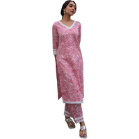 Janasya Women's Pink Cotton Floral Regular Kurta Set (JAA24ST00254-XXL)