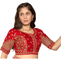 Pujia Mills Women's Readymade Blouse Multi Golden codding Sequence Embroidery Work Indian Ethnic Designer Stitched Readymade Saree Half Sleeve Red Blouse for Women for Saree Lehenga Choli