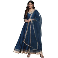 Varanga Womens Blue Lace Embroidered Anarkali Kurta with Net Sequined Dupatta for Festive (Extra Large)