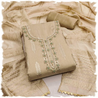 Panzora Woman's Beige Banarasi Jequard Hand Work Unstitched Salwar Suit Dress Material, With Banarasi Dupatta (Free Size)