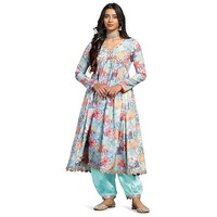 TADKEE Women Cotton Blend Printed Kurta with Pant (FN-Aliya-Cut-Pair-119-Multi-L) Sky