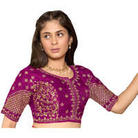 Pujia Mills Women's Readymade Blouse Multi Golden codding Sequence Embroidery Work Indian Ethnic Designer Stitched Readymade Saree Half Sleeve Wine Blouse for Women for Saree Lehenga Choli