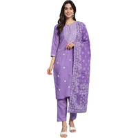 Naixa Women's Lavender Cotton Printed Straight Kurta with Cotton Pant and Cotton Printed Dupatta Sets [S-Eva-Lavender (M)]