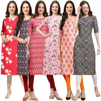 Pinkmint Women's Crepe Digital Print Straight Kurta(Pack of 6)[QV-380-358-328-339-368-341-M]