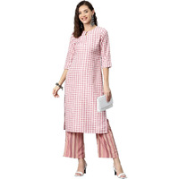 IVES Straight Check Printed Kurta Suit Set for Womeen & Girls Fashionble Clothes (Size & Color : XS, Pink)