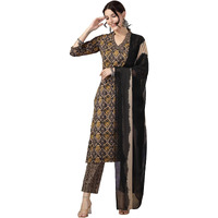 Stylum Women's Ajrakh Printed Cotton Straight Angrakha Kurta Pant Dupatta Set (KPDBLACKJACKY36_Black, S)