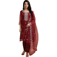 BHARVITA Women's Organza with Cotton Lining Embroidered and Printed Straight Kurta with Rayon Pant and Organza Laced Dupatta Sets (in, Alpha, L, Regular, Maroon)