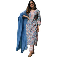 GoSriKi Women's Cotton Blend Straight Printed Kurta with Pant & Dupatta (Talab-Multi_M-GO_Multi Color_Medium) Multicolour